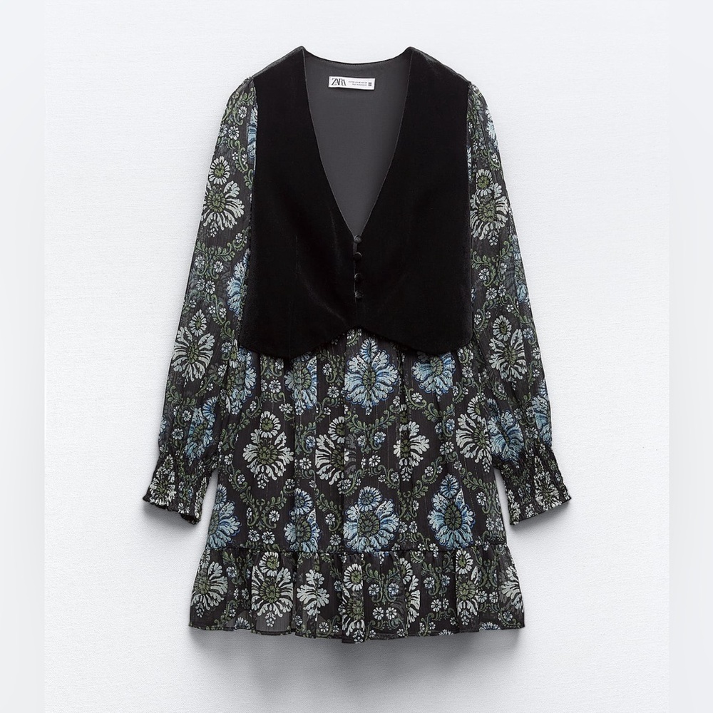 Zara Black and Blue Floral Long Sleeve Dress